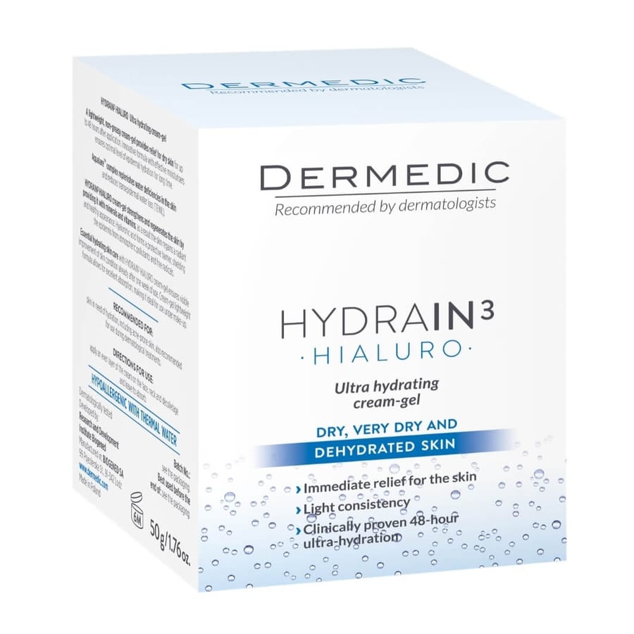 DERMEDIC HYDRAIN3 HIALURO Ultra Cream Gel 50 للبشرة الجافة والجافة جدًا ولا تسبب الحساسية جل كريم الترطيب الفائق من ديرميديك هيدراين 3، 50 مل