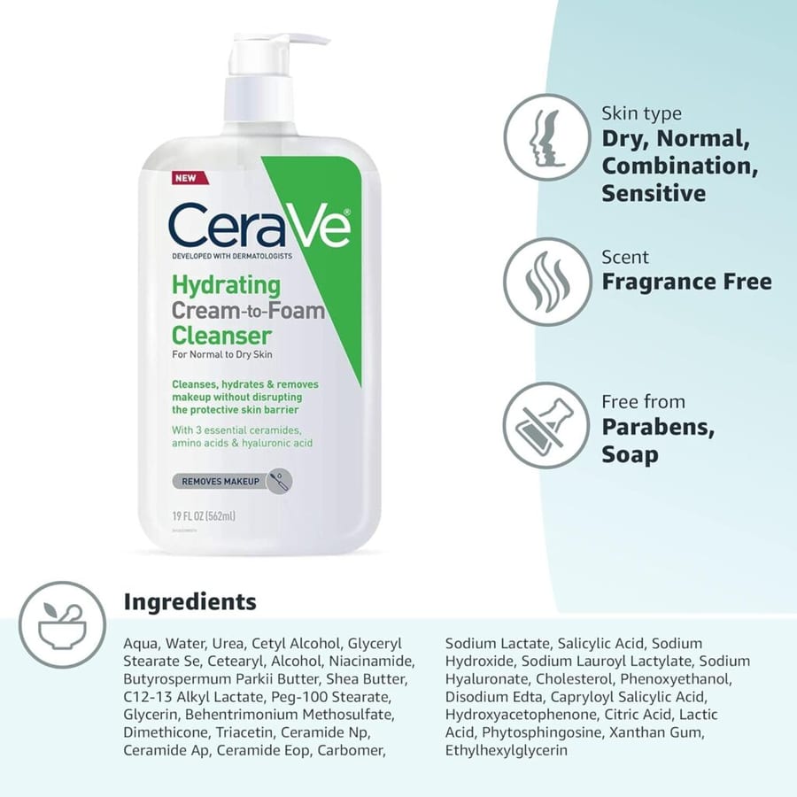 473ملCeraVe Face Wash, Hydrating Cream-to-Foam Cleanser غسول للوجه سيرافي CeraVe ، منظف مرطب من الكريم إلى الرغوة جافه وعادية