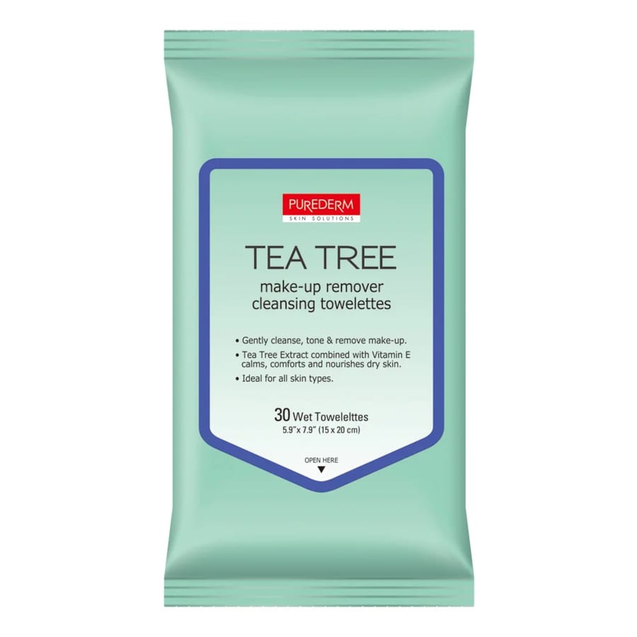 Purederm Tea Tree Make-Up Remover Cleansing Towelettes 30Pcs مناديل تنظيف لإزالة المكياج بخلاصة شجرة الشاي من بيورديرم، 30 قطعة