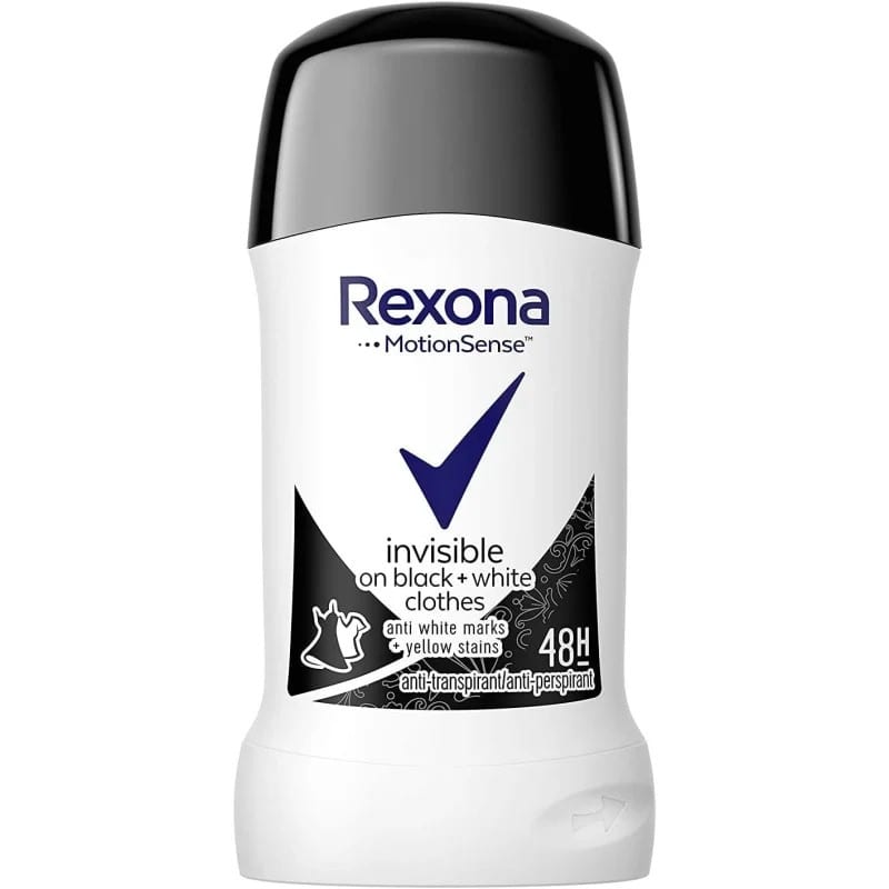 REXONA STICK INVISIBLE BLACK & WHITE 40ML ريكسونا موشن سينس غير مرئي على الأسود والأبيض، يدوم 48 ساعة، 40 غرام