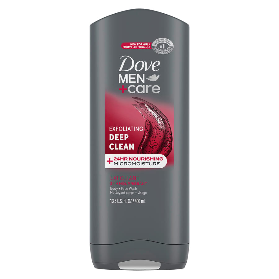 DOVE MEN + CARE Body and Face Wash Exfoliating Deep Clean Body Wash for Men دوف مين + كير غسول للجسم والوجه، غسول مقشر ومنظف عميق للجسم للرجال بتقنية الترطيب الدقيق المغذي لمدة 24 ساعة، 13.5 أونصة