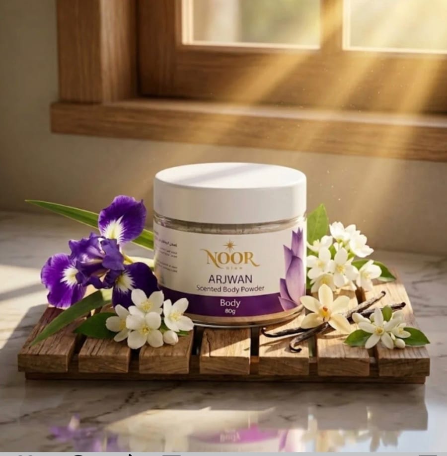 NOOR GLOW ARJWAN SCENTED BODY DUSTING POWDER 80G نور كلو بودرة الجسم العطرية ارجوان