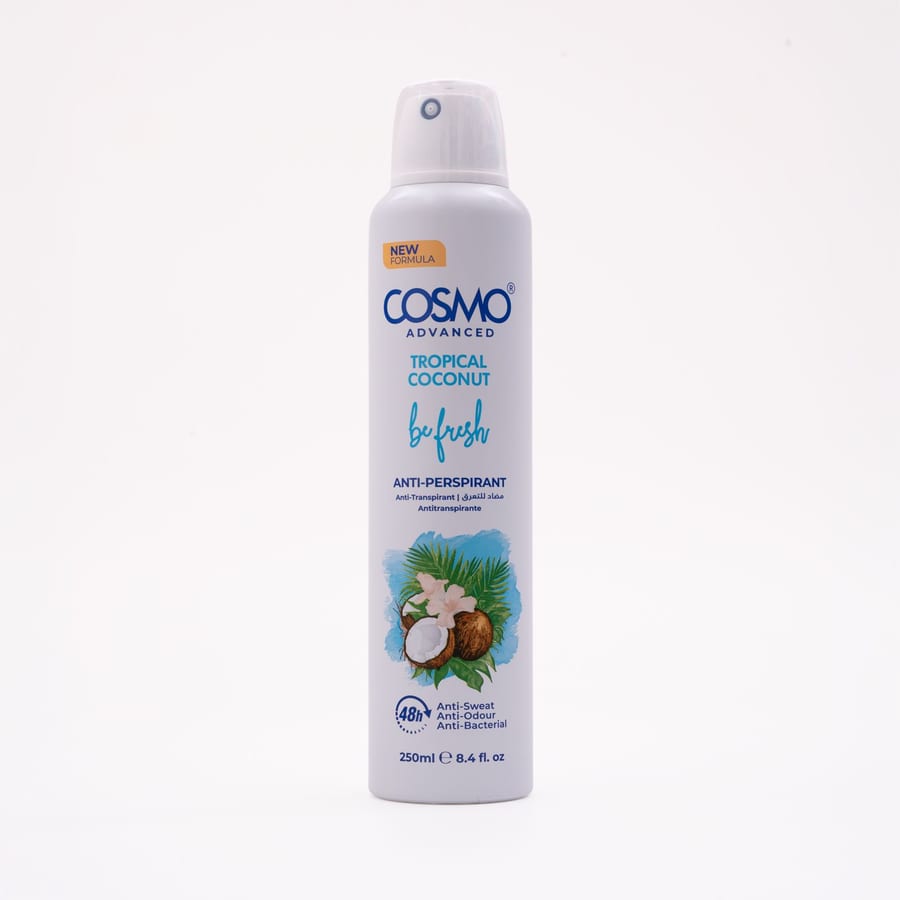COSMO ADVANCED TROPICAL COCONUT BE FRESH ANTI-PERSPIRANT SPRAY 250ml كوزمو رذاذ مانع للتعرق برائحة جوز الهند 250 مل