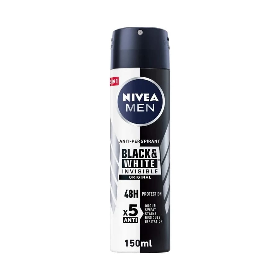Nivea Deodorant Spray Black & White 48H Men By Nivea - 150ml نيفيا بخاخ مزيل عرق للرجال أبيض وأسود أورجينال 150مل