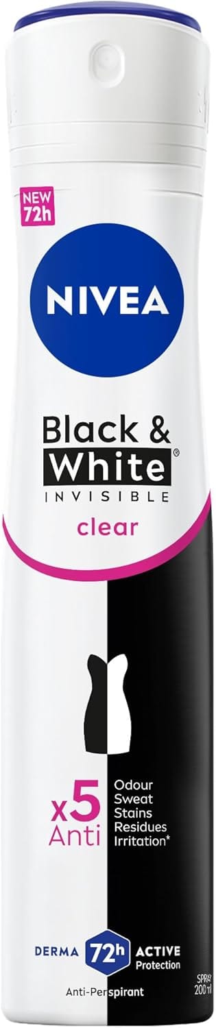 NIVEA Black & White Invisible Antiperspirant Deodorant Spray for Women, وايت مزيل عرق بخاخ 5في 1 مقاوم للتعرق نسائي -150 مل