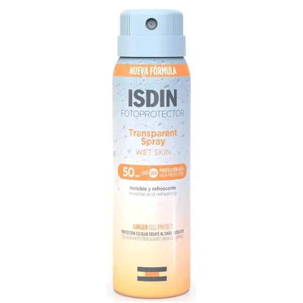 بخاخ واقي من الشمس شفاف من إيزدين عامل حماية من الشمس 50، Isdin transparent sunscreen spray wet skin spf 50 1 container 100 ml