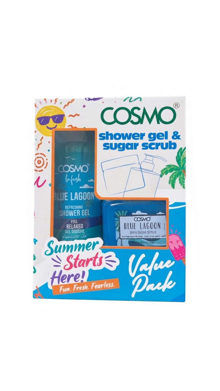 Cosmo shower gel 500 ml & sugar scrub 450g kit - مجموعة غسول جسم مع مقشر سكر للجسم من كوزمو Blue lagoon