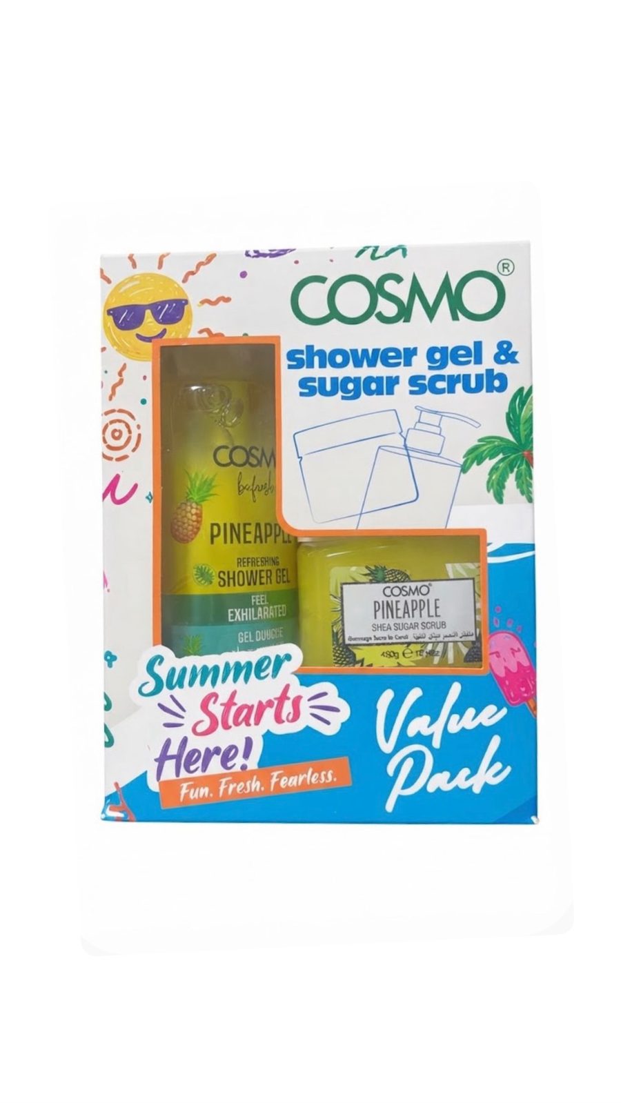 COSMO SHOWER GEL & SUGAR SCRUB PINEAPPLE 500ml ،450g كوزمو بكج استحمام للجسم برائحة الاناناس المنعشة