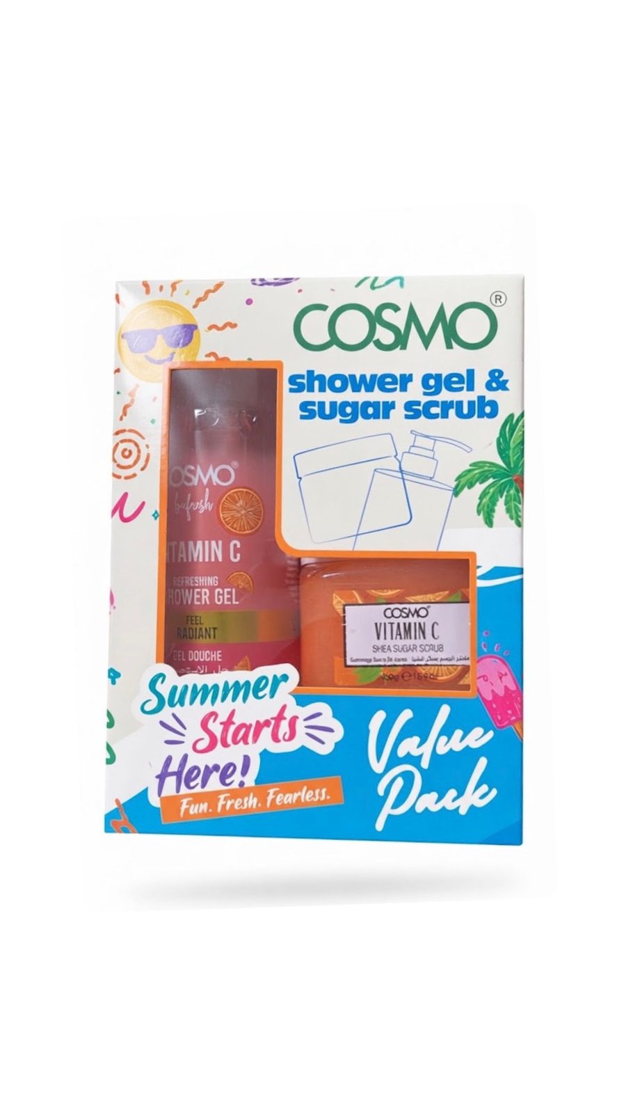 COSMO SHOWER GEL & SUGAR SCRUB VITAMIN C 500ml ،450g كوزمو بكج استحمام للجسم فيتامين سي