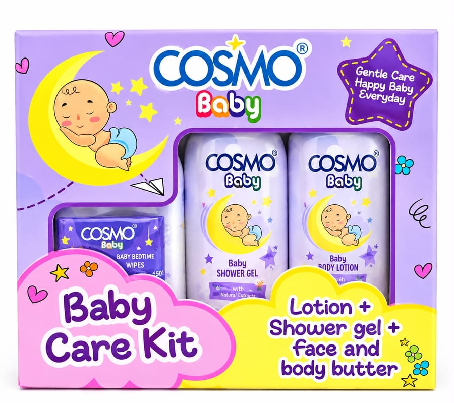 COSMO BABY CARE KIT (LOTION + SHOWER GEL + FACE AND BODY BUTTER) كوزمو بكج استحمام متكامل للعناية بالطفل baby calm