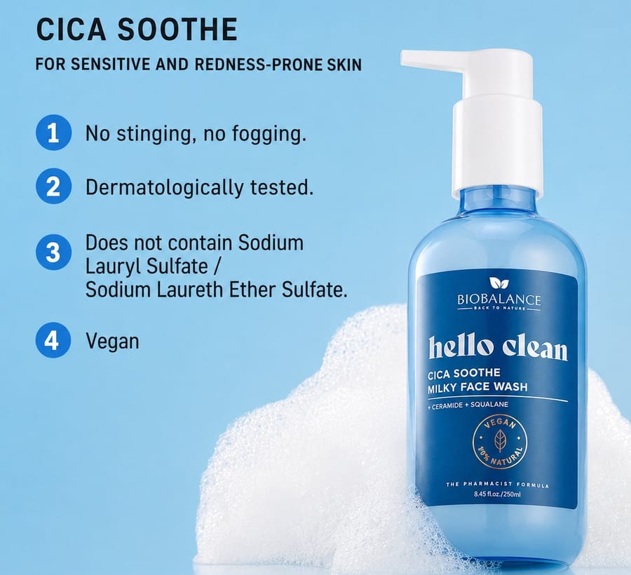 BIO BALANCE HELLO CLEAN CICA SOOTHE MILKY FACE WASH - 250ml | بايو بالانس غسول وجه حليبي مهدئ بالسيكا – 250 مل