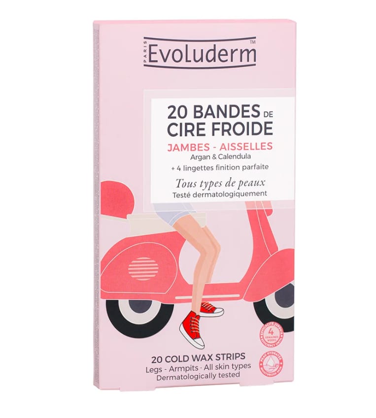 EVOLODERM Cold wax depilatory strips for legs and armpits, 20 pieces, - شرائط إزالة الشعر بالشمع البارد للساقين والإبطين، 20 قطعة،
